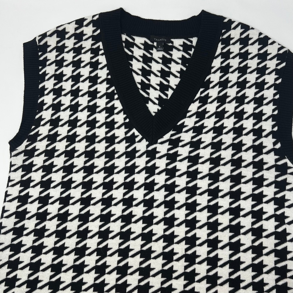 Talbots Womens Black White Houndstooth V-Neck Knit Sweater Vest‎ Small